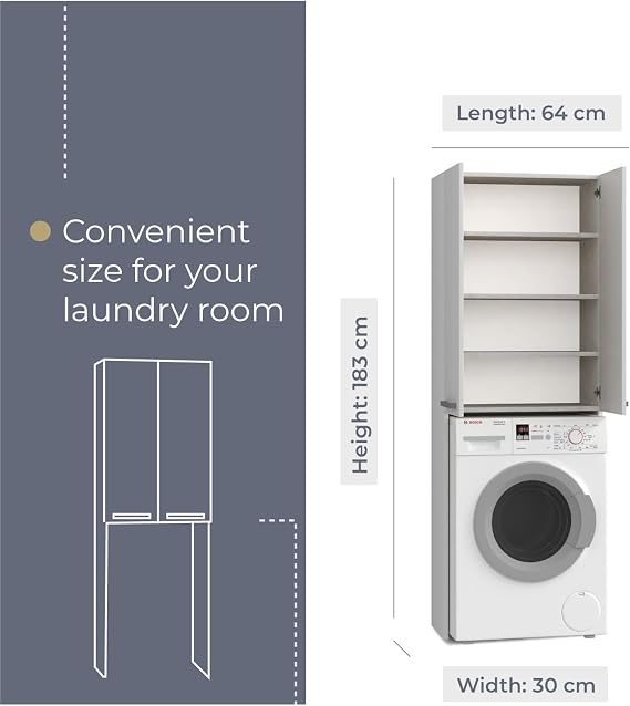 WHATSIZE ENTERPRISE – Pola - White Tall Washing Machine Storage Cabinet – Wooden Laundry Cupboard with Shelves - Organise Essentials & Detergents - Modern Décor Furniture