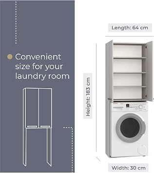 WHATSIZE ENTERPRISE – Pola - White Tall Washing Machine Storage Cabinet – Wooden Laundry Cupboard with Shelves - Organise Essentials & Detergents - Modern Décor Furniture