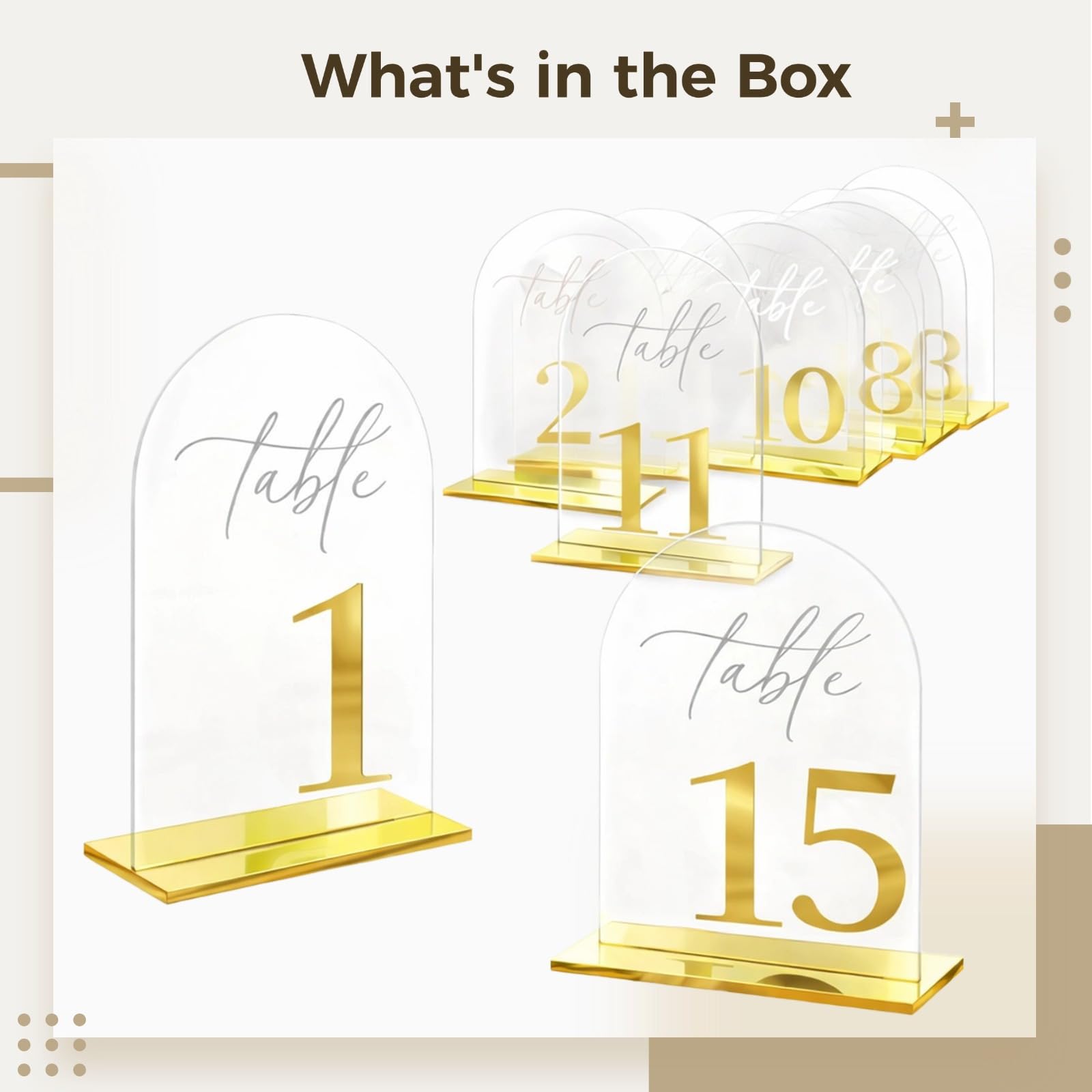 Goldfarbene Acryl-Tischnummern, 15 Stück, 15 x 10 x 5 cm, gewölbtes Design, freistehend, klare Tischnummern mit Sockel, elegante Sitzzuordnung für Hochzeiten, Partys