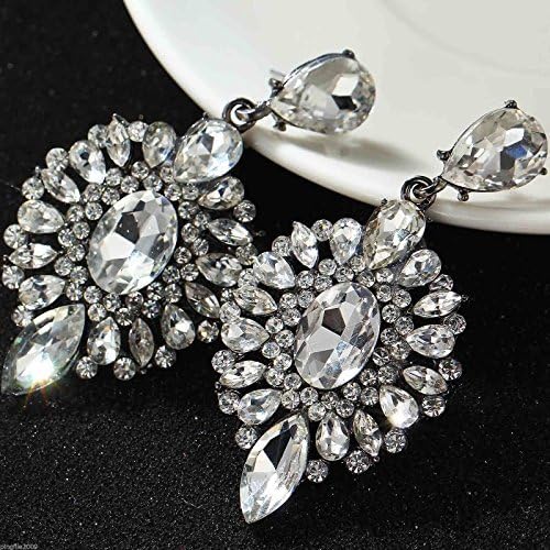 Large Antique Silver Tone Art Deco Vintage Style Rhinestone Wedding Bridal Prom Earrings - Image 2