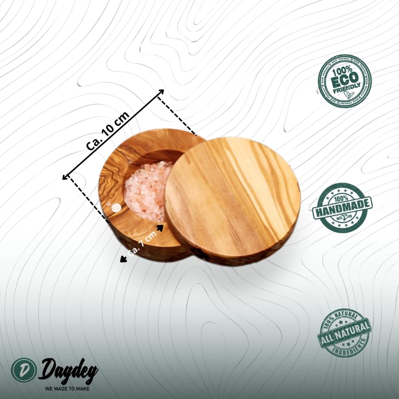 das Olivenholzbrett® Magneetdoos, olijfhouten blik met draaibare deksel, plat, zoutdoos met houten deksel, olijfhouten blik voor zout en specerijen, rond, diameter 10 cm