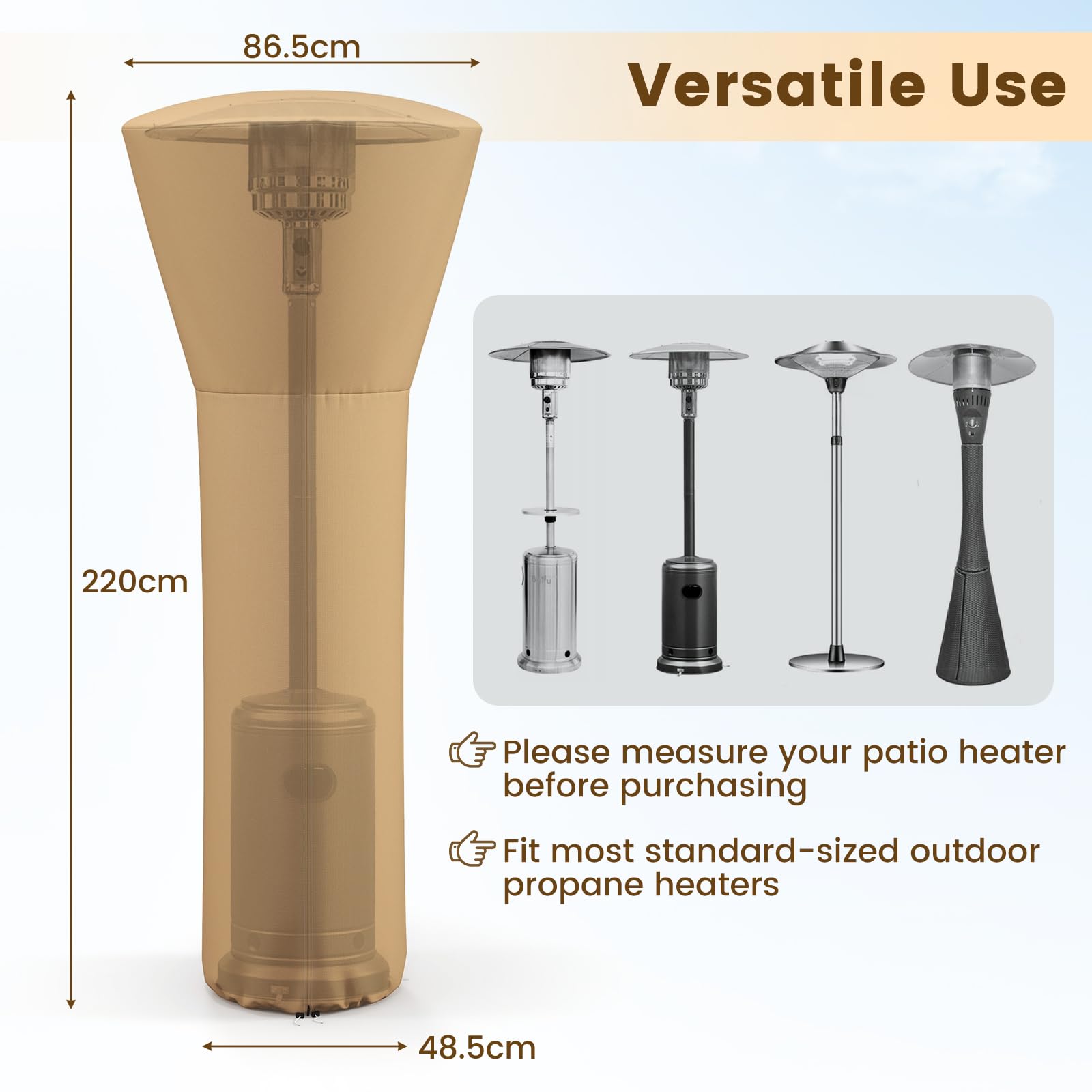 FANTASK Terrassenheizer Abdeckung, Wetterschutzhülle aus 210D Oxford Gewebe wasserdicht winddicht UV-beständig, Heizstrahler Schutzhülle für Garten & Balkon, 220 x 86,5 x 48,5 cm, Beige