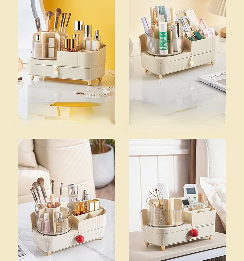 Rotating Makeup Organizer with Drawer Makeup Countertop Organizer for Vanity with Makeup Brush Holder Cosmetic Display Case Storage for Lipstick Facial Mask Perfume (Strip Handle)