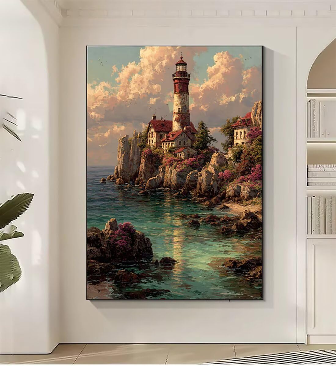 Landschaft Leuchtturm Malen Nach Zahlen Erwachsene, Paint by Numbers Adult Set, Heimwerk Malen Nach Zahlen Kinder Mit Rahmen, Pinsel und 36 Acrylfarbe Als für Deko Wohnzimmer 60 x 80 cm BJHDK445