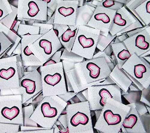 100 PCS Woven Folded Clothing Mask Sewing Labels Garment Hem Tags - Pink Heart