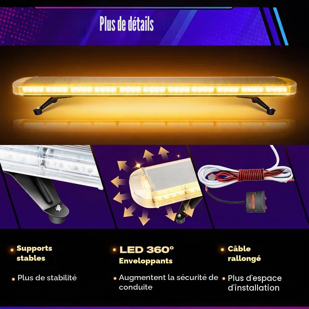 Barre d'avertissement LED - 1310 mm - Lumineuse 96 W AC12-24 V - Pour dépanneuse - Gyrophare - Lampe d'avertissement d'urgence - Toit de camion - Jaune