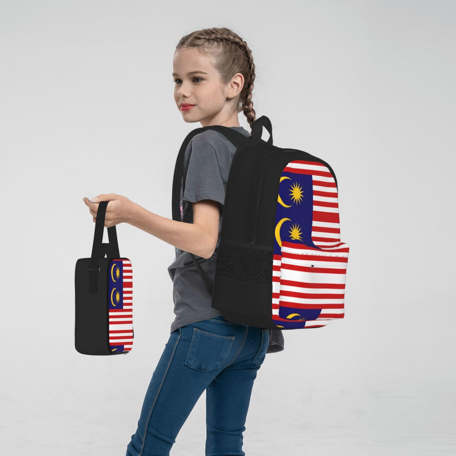Plecak z flagą Malezji dziecko chłopcy dziewczęta pudełko na lunch szkoła torba zestaw uczniów szkoły student prezent, Czarny, One Size, Bagaż