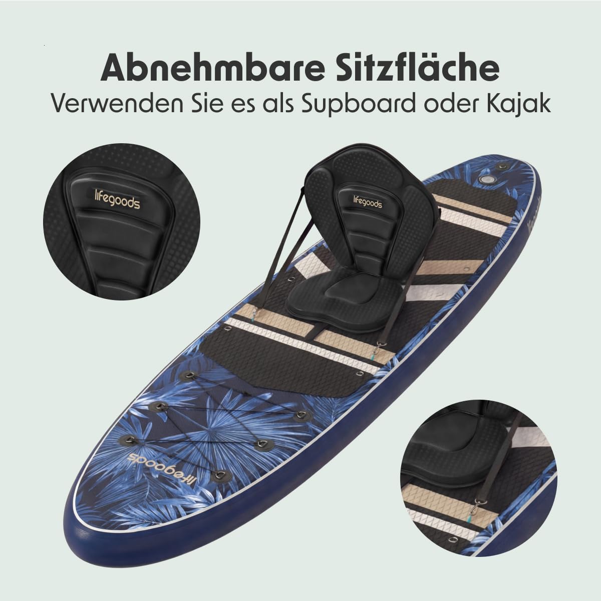 LifeGoods SUP Board Set - Aufblasbare Stand Up Paddling Board - Komplettes Set inklusive Zubehör und Verstellbares Padel - Geeignet für Anfänger und Fortgeschrittene - Bis 150KG - 320x81cm