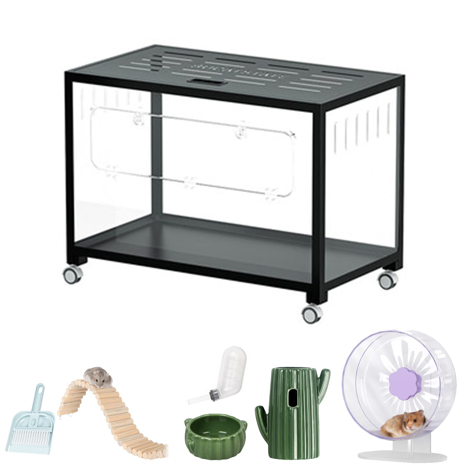 xixi-home Jaula grande para hámster sirio, jaula de acrílico transparente para animales pequeños con ruedas, accesorios para botella de agua, para ratones jerbos, ratas, hámster enano (negro + ruedas)