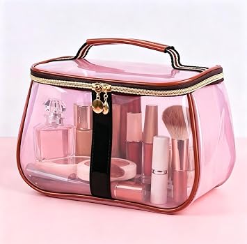 New Retro Vintage Vanity Bag Makeup Bag Large Capacity Waterproof Transparent Toiletry Bag Luxury Cosmetic Bag Women Ladies Travel Storage Case Pink