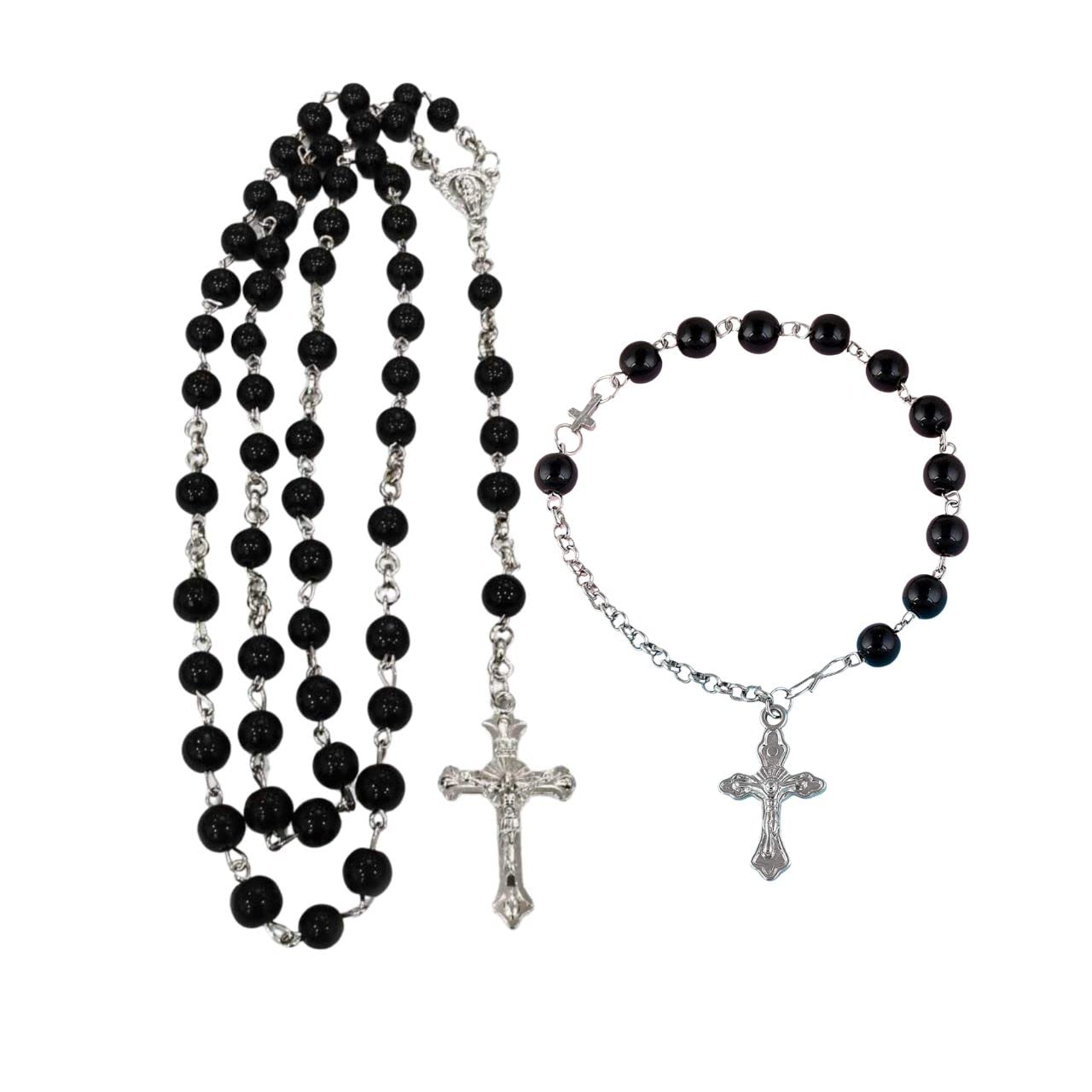 CZARDONIC Saint Praying Glass Rosary Beads Chain Necklace with Jesus Cross Pendant and Bracelet for Men and Women (Black) (B07YTW639F) Amazon Price History, Amazon Price Tracker