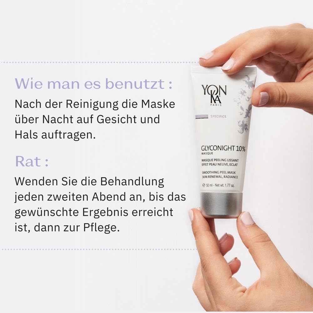 Glyconight 10% Night Mask Peel Yonka 50ml - Dreifach wirksam mit 10% reinem Glykol | Anti-Aging, Neue-Haut-Effekt, Ausstrahlung - Dermatologisch nachgewiesene Ergebnisse! 98% natürlichen Ursprungs