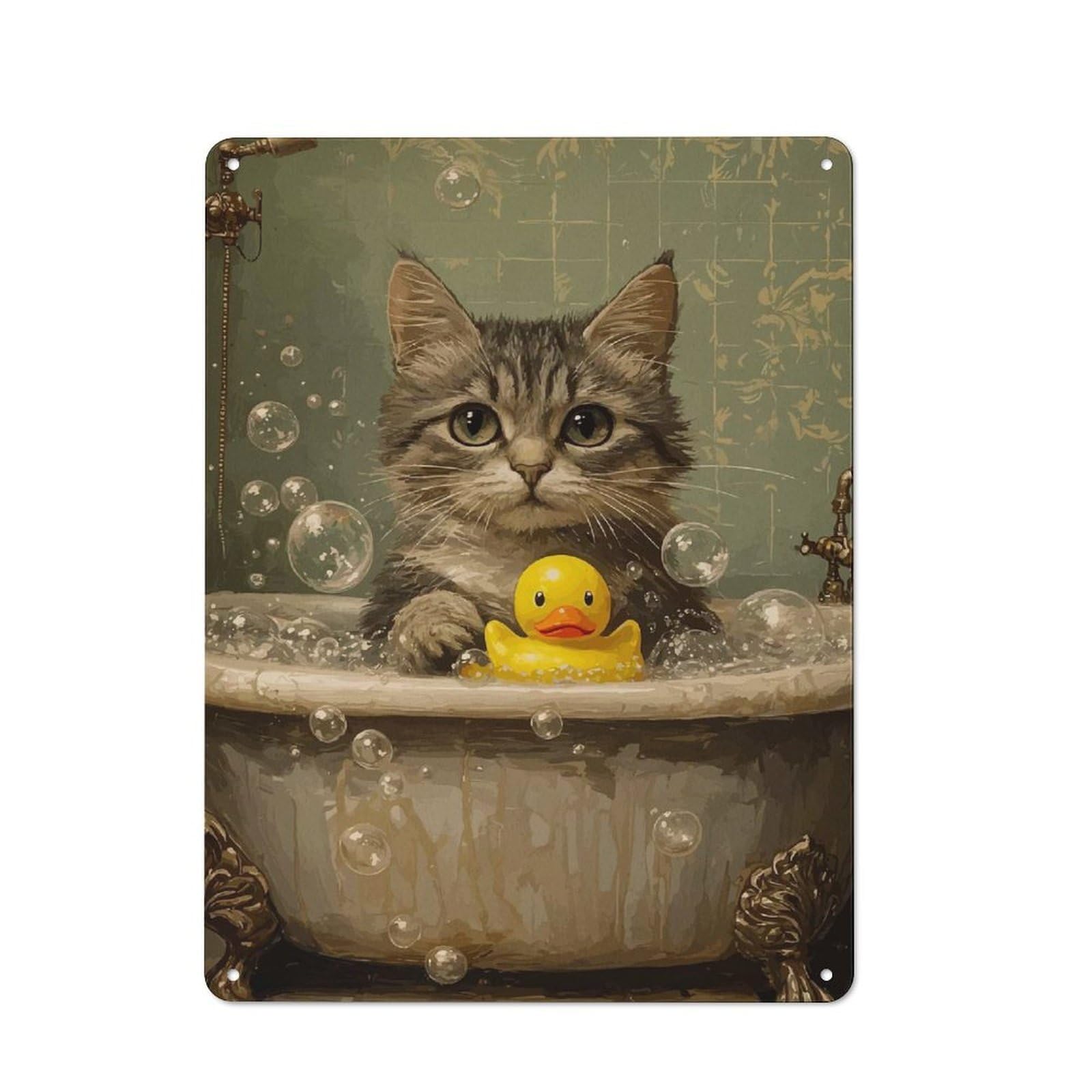 Junmoney Style-23 Understated Office Metal Sign 40X30cm Featuring Cat In A Tub, Studio Wall Plaque For Office, Study, Studio Or Hallway