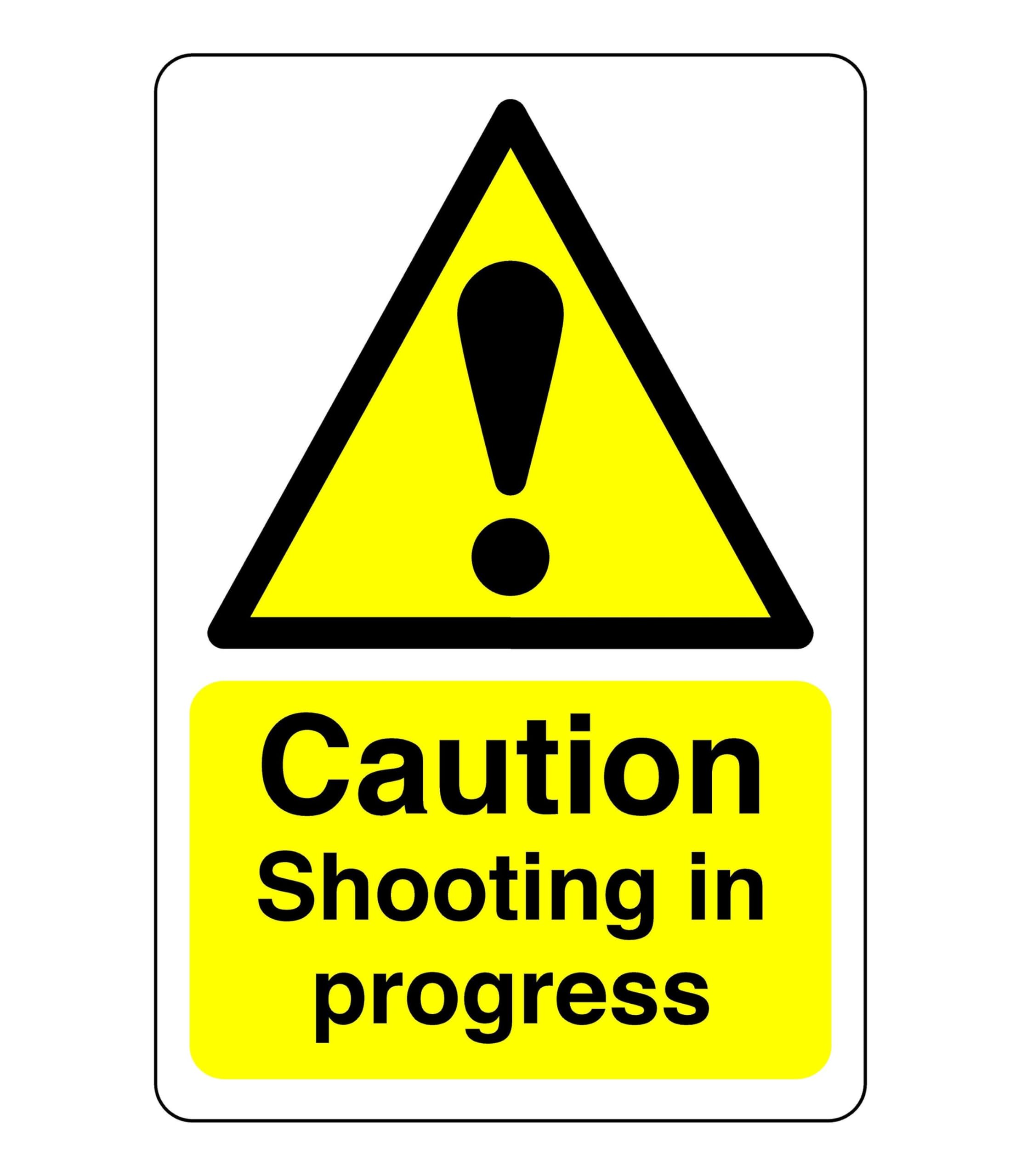 Safety First Display Ltd Yellow/Black Caution Shooting In Progress- 3Mm Aluminum Dibond For Indoor/Outdoor Usage (300Mm X 200Mm) 7M Viewing Distance.