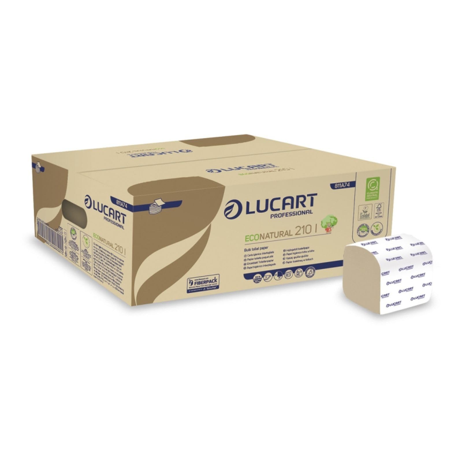 Lucart Professional, EcoNatural 210I, Papier hygiénique plié en deux en Fiberpack, idéal pour les salles de bains publiques et les bureaux, 210 feuilles par paquet, 10x21 cm, 40 paquets