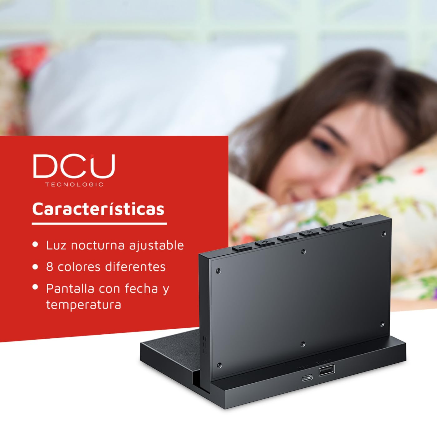 DCU TECNOLOGIC - Reloj Despertador de Sobremesa - Carga Rápida Inalámbrica - Luz Nocturna Ajustable - 2 Alarmas Personalizables