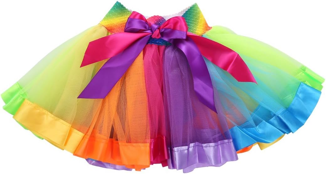 Kids Girls Layered Ballet Tutu Skirt Rainbow Bow Tulle Dress (S=0-2 Years)