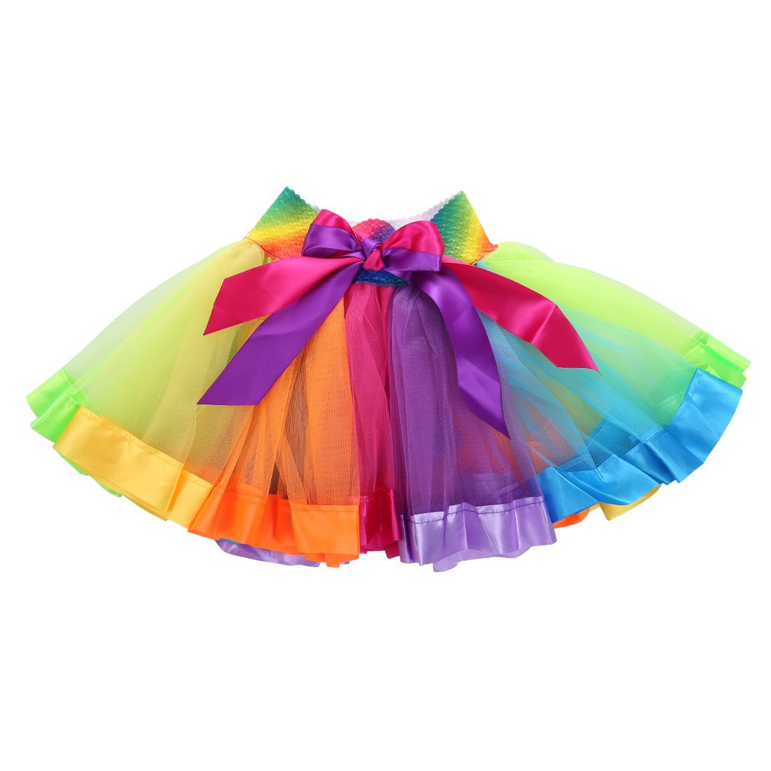 Kids Girls Layered Ballet Tutu Skirt Rainbow Bow Tulle Dress (S=0-2 Years)