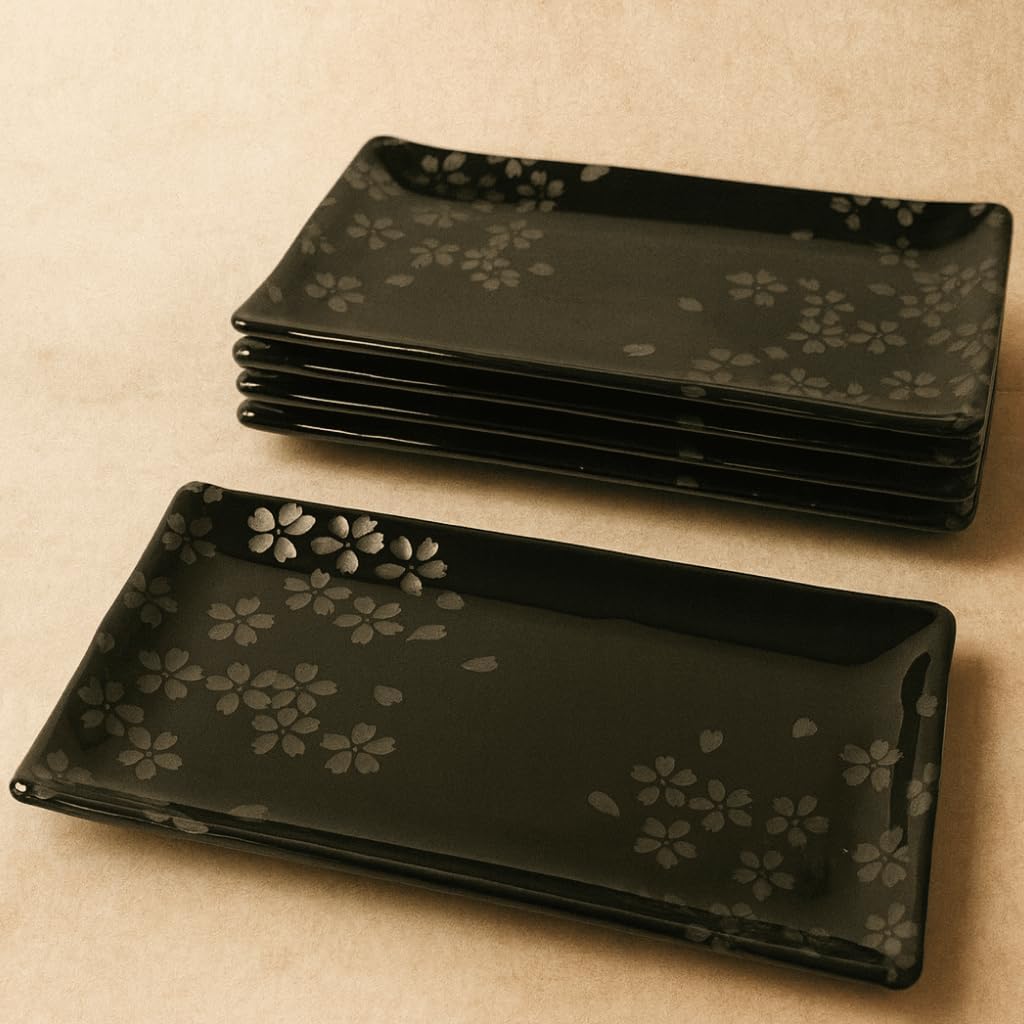 JapanBargain, Japanese Porcelain Sushi Plates Gift Set, Rectangular Dinner Plate, Black Color Plate with Silver Sakura, Made in Japan