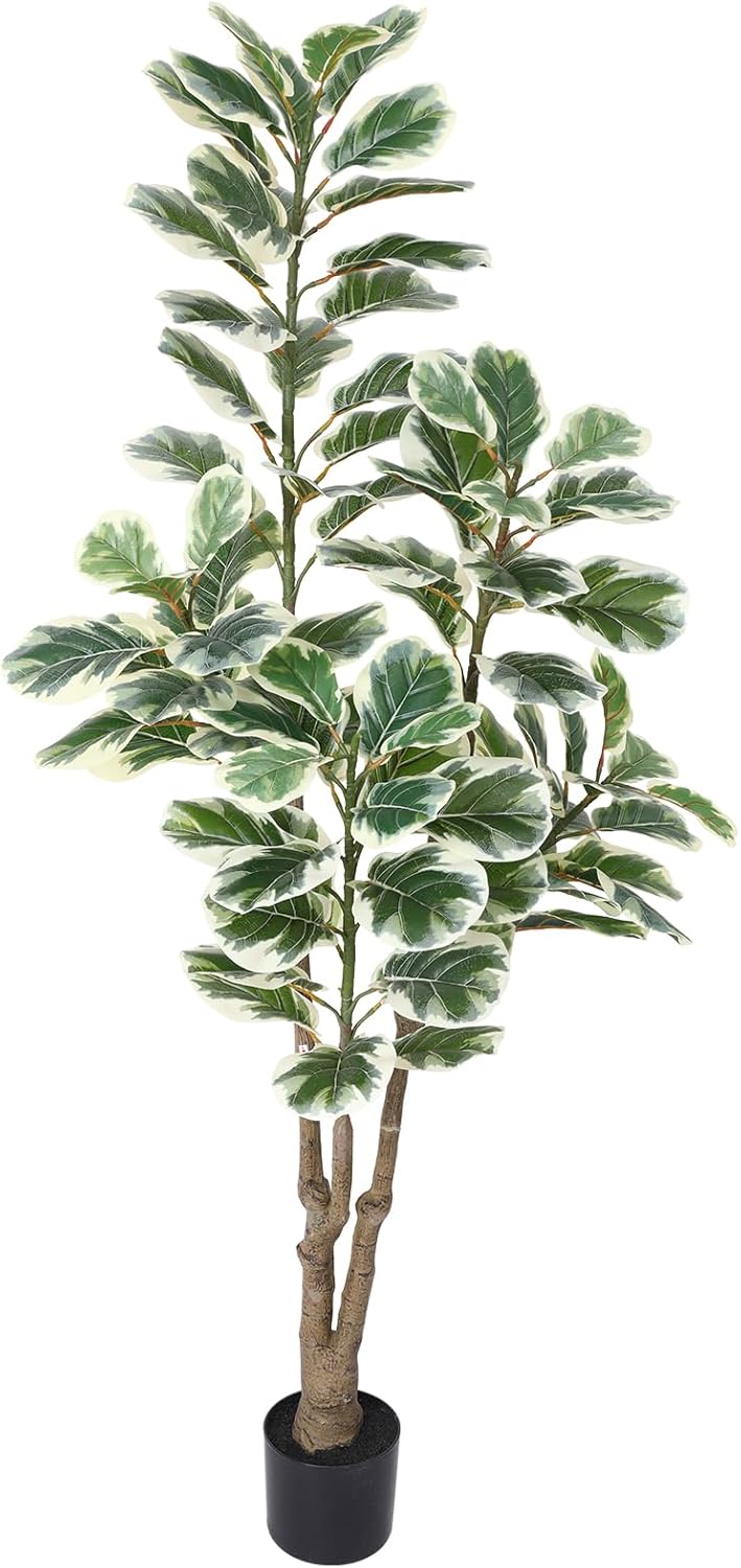 6ft Artificial Plant Fiddle Leaf Fig Tree,Faux Ficus Lyrata in Pot,Faux Ficus Tree,Ficus Silk Plant Artificial Trees for Office Indoor Outdoor Garden Living Room Home Decor Green-white