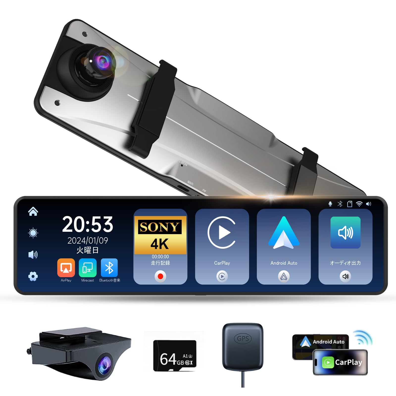 Amazon.co.jp: ドライブレコーダー ミラー型 前4K+後2.5K【最新CarPlay 