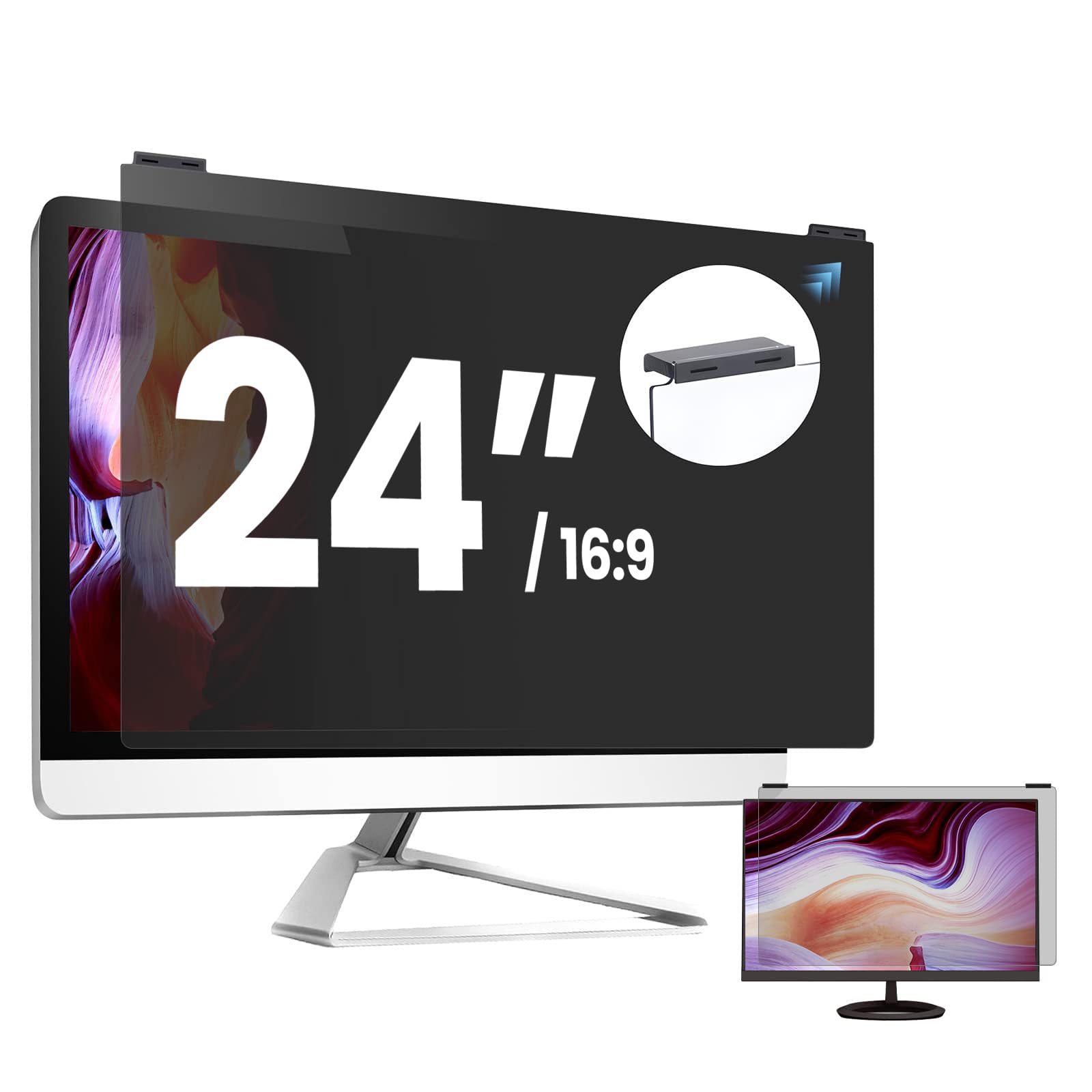 computer privacy screen filter 24 inch, 9h hardness hanging computer screen privacy shield compatible with 23.6,23.8 inch for 16:9 widescreen monitor, eye protection and blue light blocks