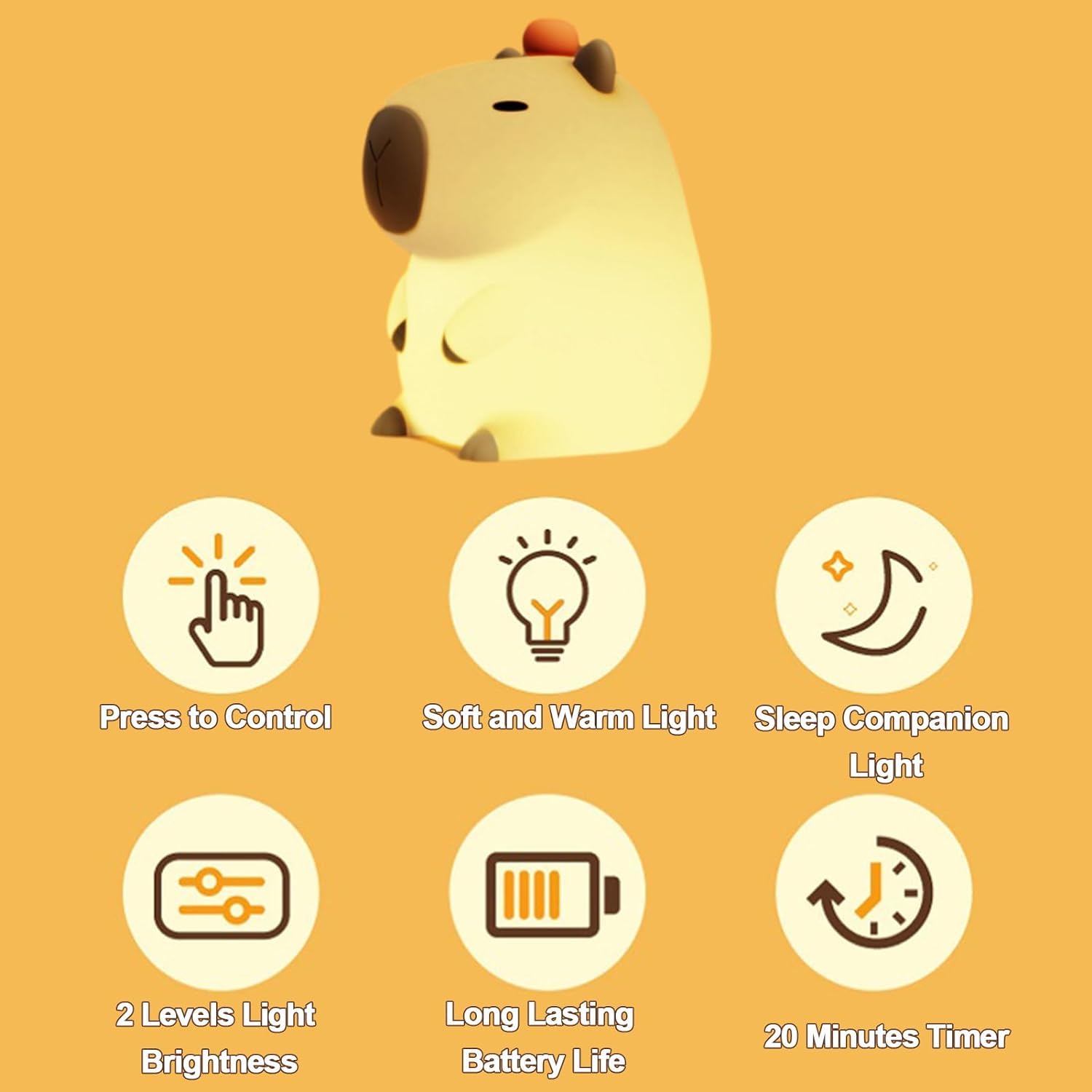 Capybara Nachtlicht Mit Digitaluhr & Wecker - Dimmbare Schlaflicht Lampe - Wiederaufladbar, Aus Silikon