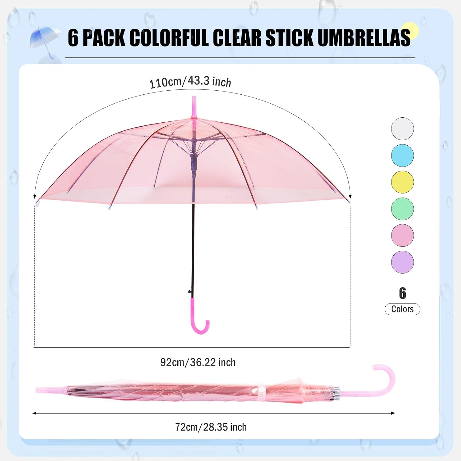 AWIZOM 6/12/24 Pcs Clear Umbrella Bulk Wedding Umbrellas Colorful Auto Open Windproof Transparent Stick Rain Umbrellas with J Hook Handle for Outdoor Bride Groom Ceremony Event Guests Family Friend Gifts