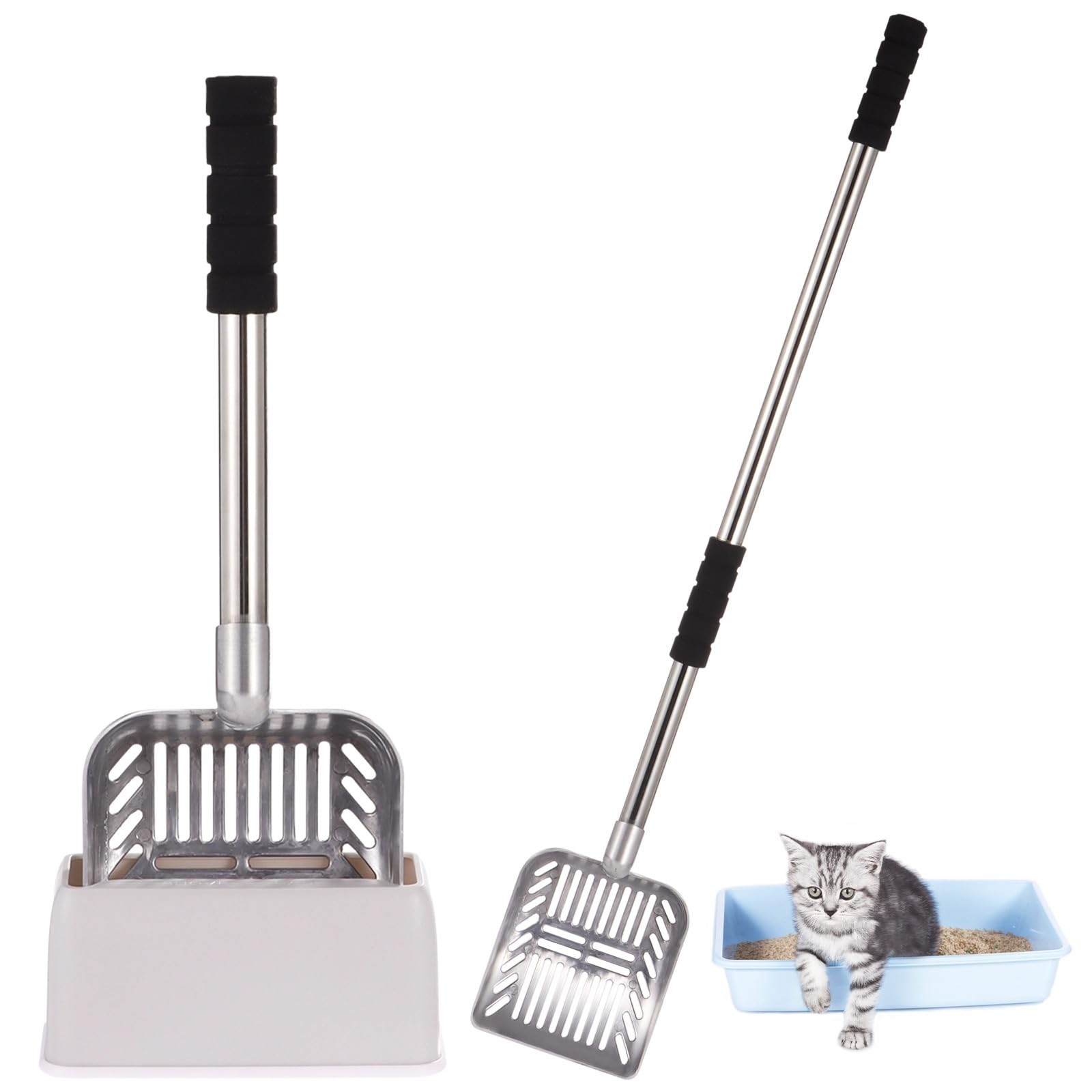Łopatka do żwirku dla kotów, 81 cm, długa rączka, przesiewacz żwirku z uchwytem, duża pojemność, ze stali nierdzewnej, z pudełkiem, zdejmowana, do przesiewania, dla kotów, kompaktowe przechowywanie