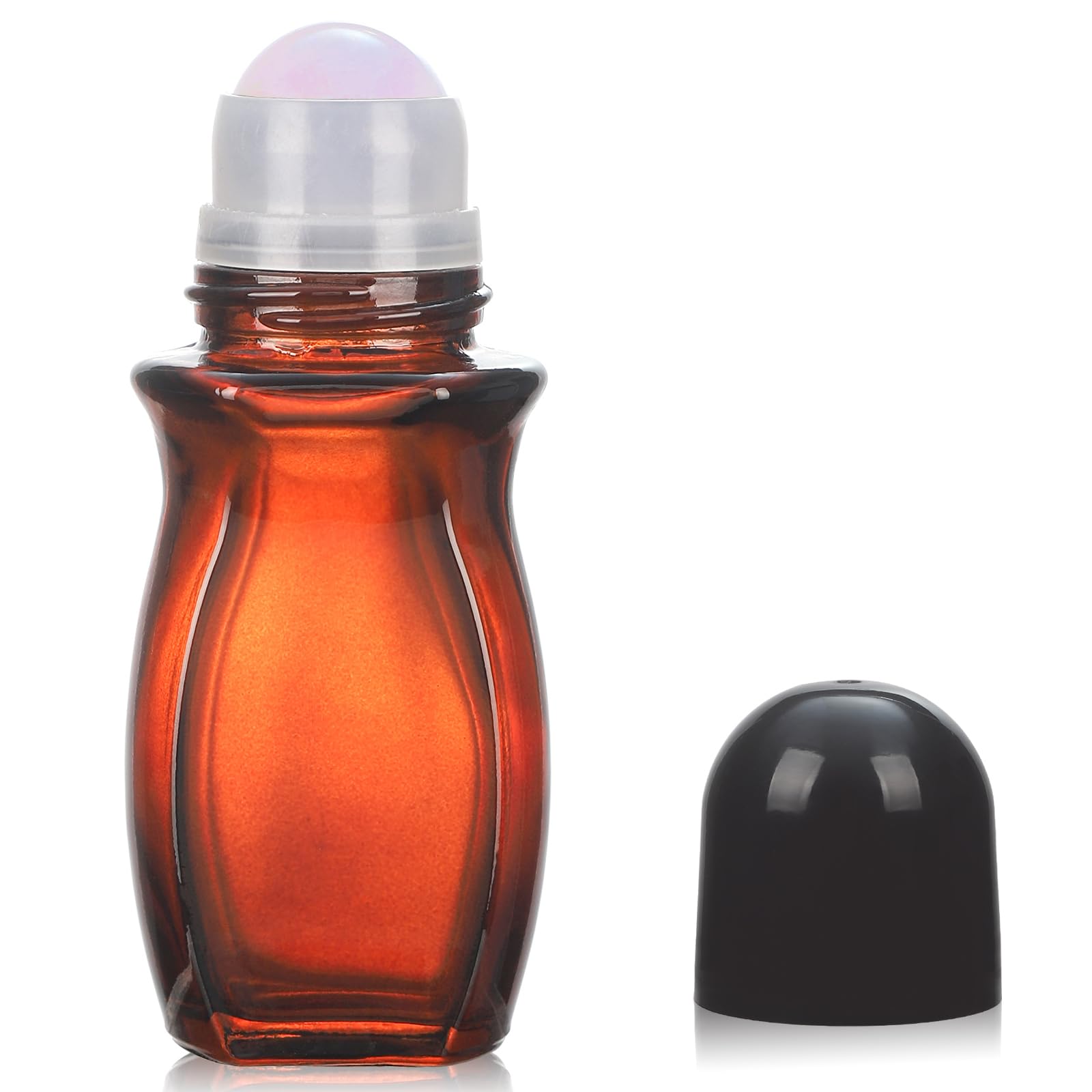 RAMFIYN 50ml Large Amber Glass Roll on Bottles for Essential Oils Perfume Refillable Quartz Roller Ball Applicator Empty Deodorant Containers with Crystal Rollerball