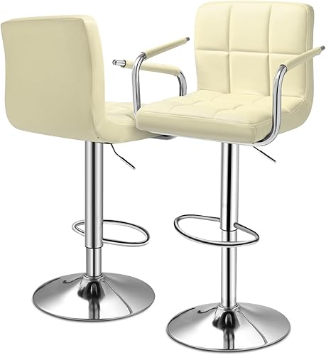 Miniatura 25 de MoNiBloom Juego de 2 taburetes de bar ajustables con reposabrazos con respaldo cuadrado, modernos taburetes de bar giratorios con reposapiés para