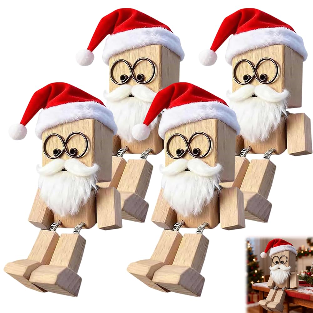 TASBER Shaking Wooden Man Figurine, Wooden Man with Wobbly Legs Car Accessories for Men, Santa Design Feet Shaking, Car Dashboard Accessories, for Friends Familys (Christmas Edition,4pack)