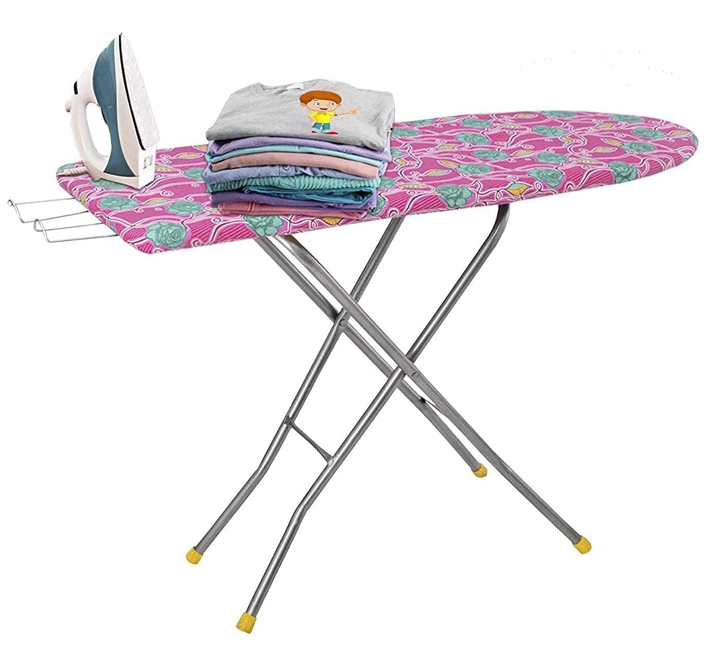 Moreyaji Wooden Self Standing Foldable & Height Adjustable Premium Ironing Board/Iron Table Stand with Press Holder (Color May Vary, Multi-Color) – (Make in India)