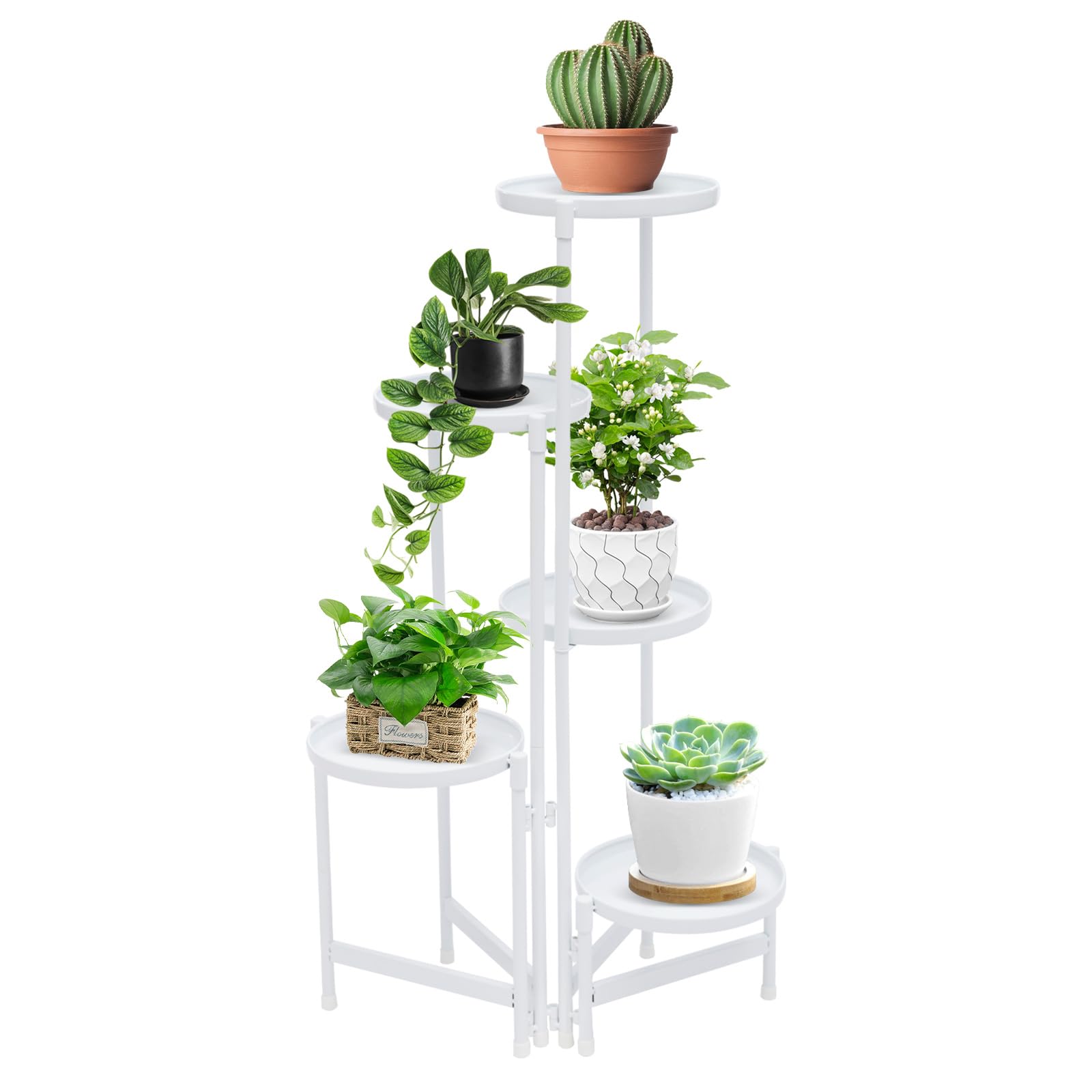 MINRS Supporto per piante a 5 ripiani, in metallo, bianco, per più piante, per terrazza, giardino, angolo, balcone, soggiorno