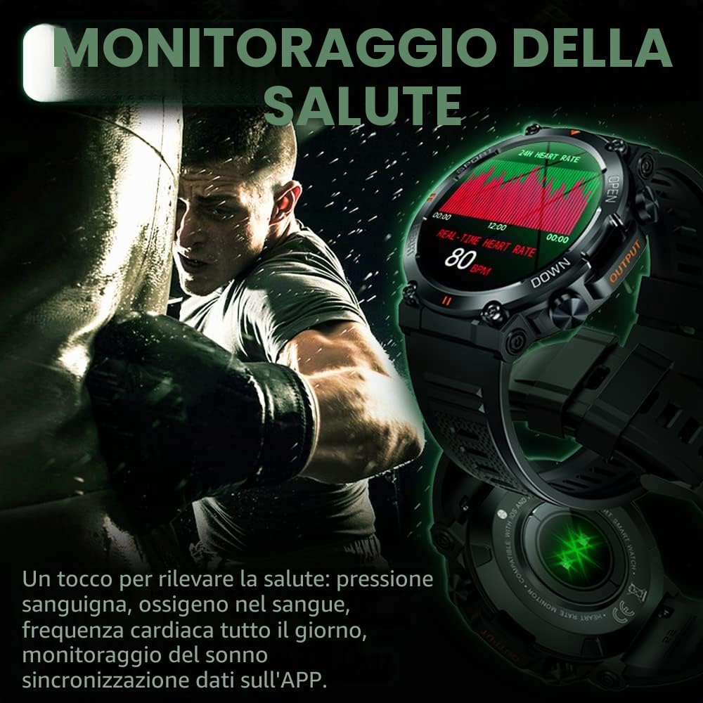 Smartwatch Uomo Orologio Fitness Militari Smart Watch Tracker di attività con Le chiamate Bluetooth,120+ modalità Sport Salute Fitness Tracker, Cronometro per Android iOS（Nero）