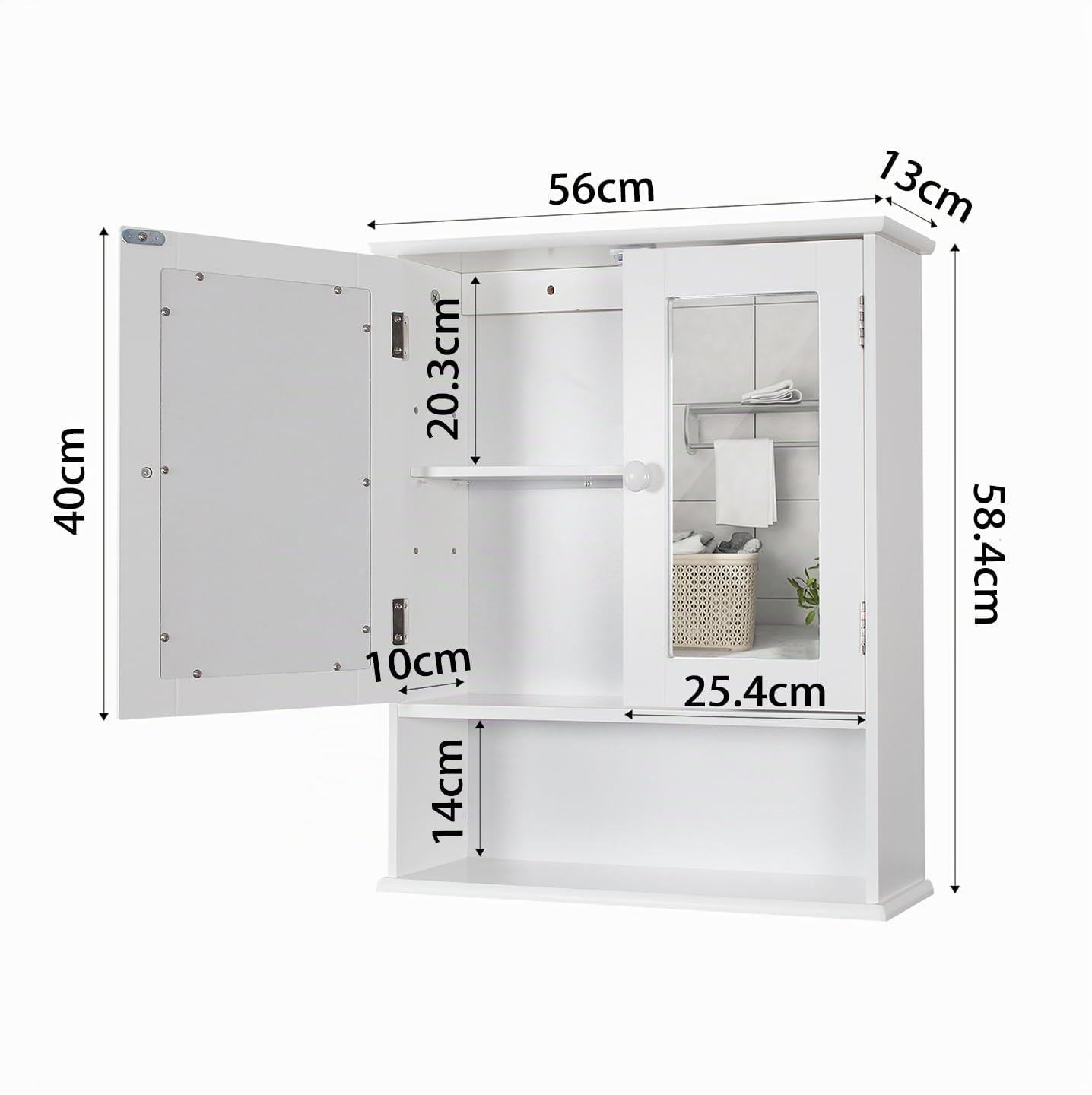 Armario De Baño Con Espejo, Armario Colgante Para Baño Con 2 Puertas De Espejo Y Compartimento Abierto, Madera, 13 X 56 X 58 Cm, Color Blanco
