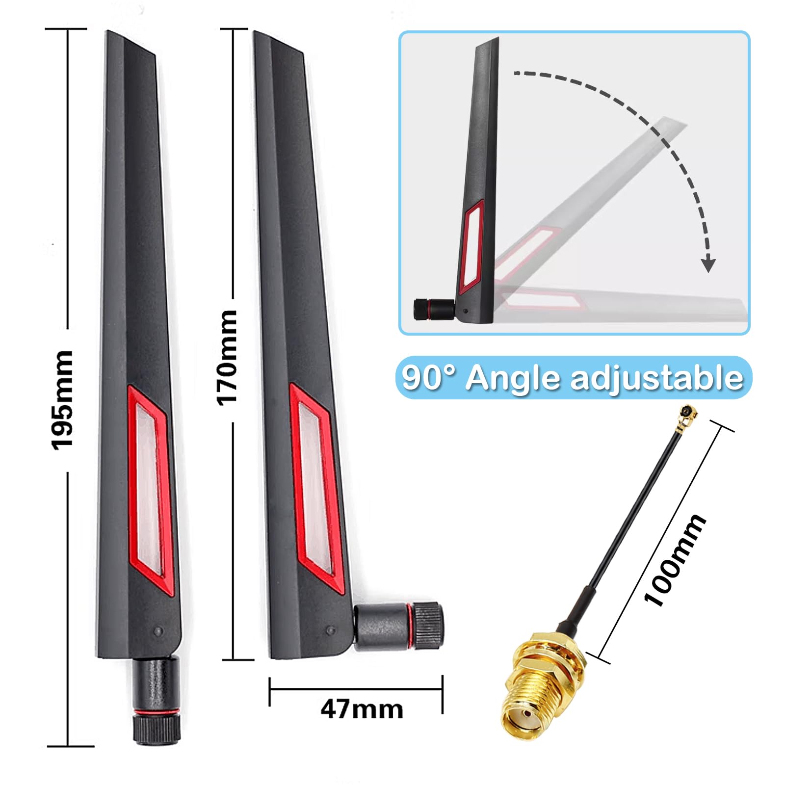 Geekstory Dual Band 2.4G 5.8G SMA Male 12dBi WiFi Antenna + IPEX to SMA Female 10cm Cable for WiFi Network Card USB Wireless Adapter Security IP Camera (Pack of 2)