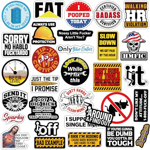 Image of 112PCS Funny Hard Hat Stickers for Adults - Waterproof Vinyl for Welding Helmet, Tool Box, Electrician, Mechanic Tools - Blue Collar Gifts for Men, Mechanic, Co-Workers