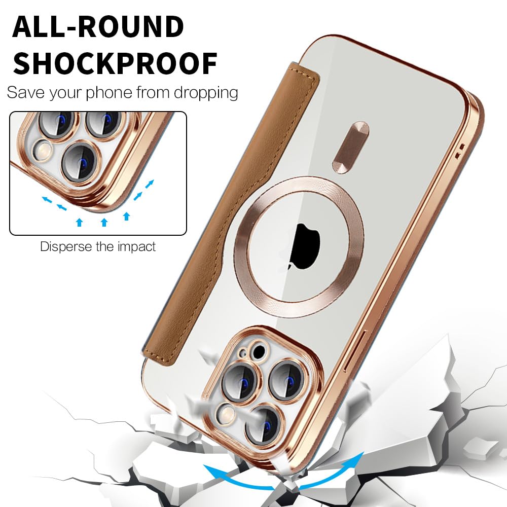 Magnetische IPhone 16 Pro Max Flip Hülle Aus PU-Leder Mit Kartenfach – Transparent & Elegant In Champagner