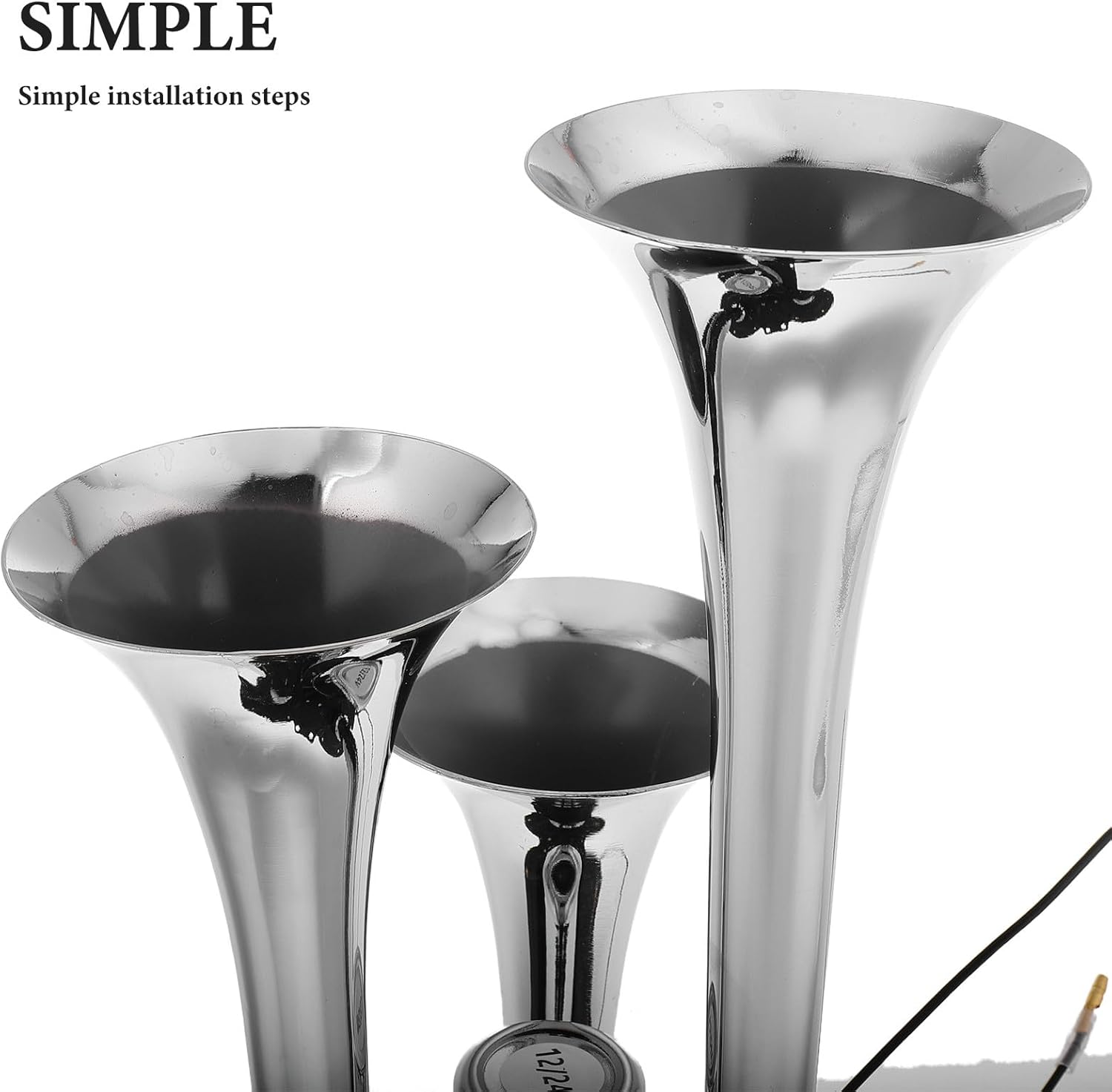 Air Horn Kit for Truck and Car, 3-trumpet White M8 Air Nozzle, 12/24v Heavy Duty Train Horn for Trucks, Suvs, Marine Use and Motorcycles