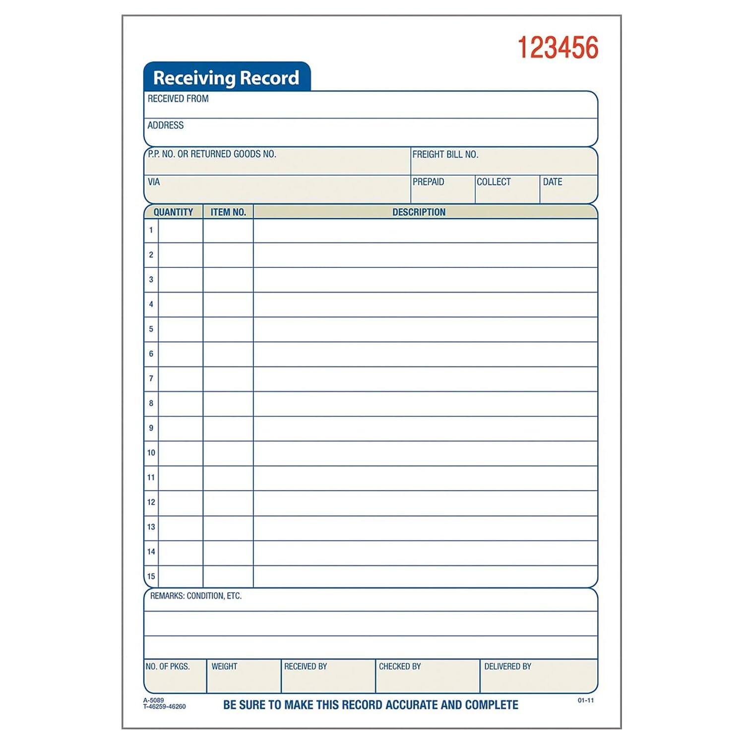 Adams dc5089 Receiving Record Book, selbstdurchschreibend, 2-teilig, 5–9/16 in. x 8–7/16 in., WE