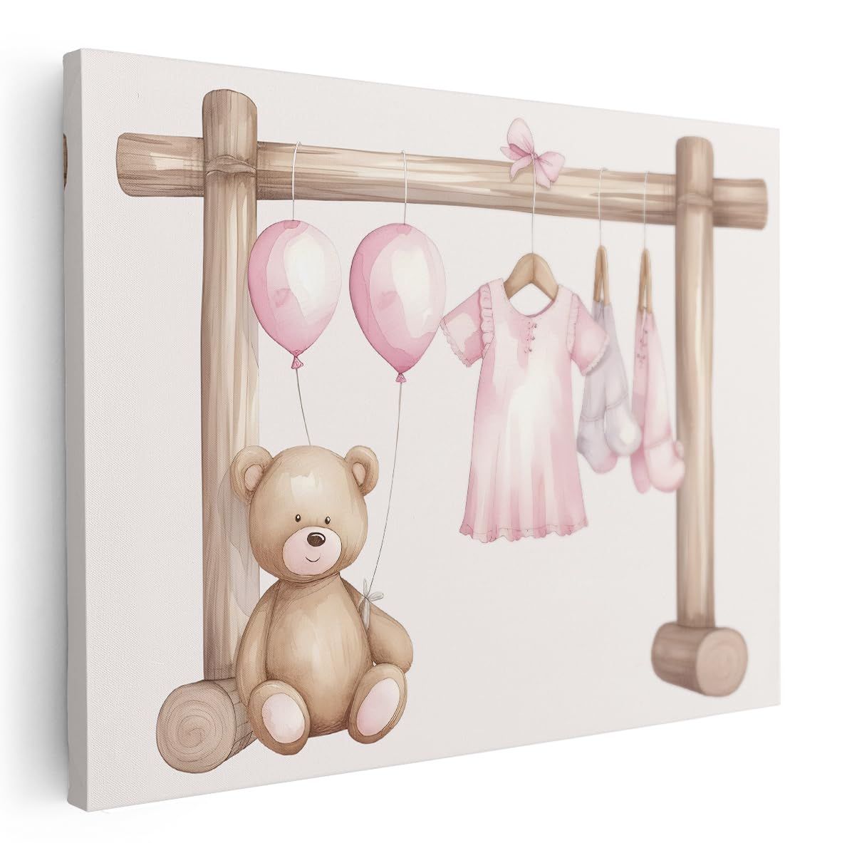 Artaza Leinwand Bilder Baby Mädchen Kleidung Rosa - 80x60 cm - Wanddeko Kinderzimmer - Wandbilder Teddybär - Deko Luftballons - Rosa