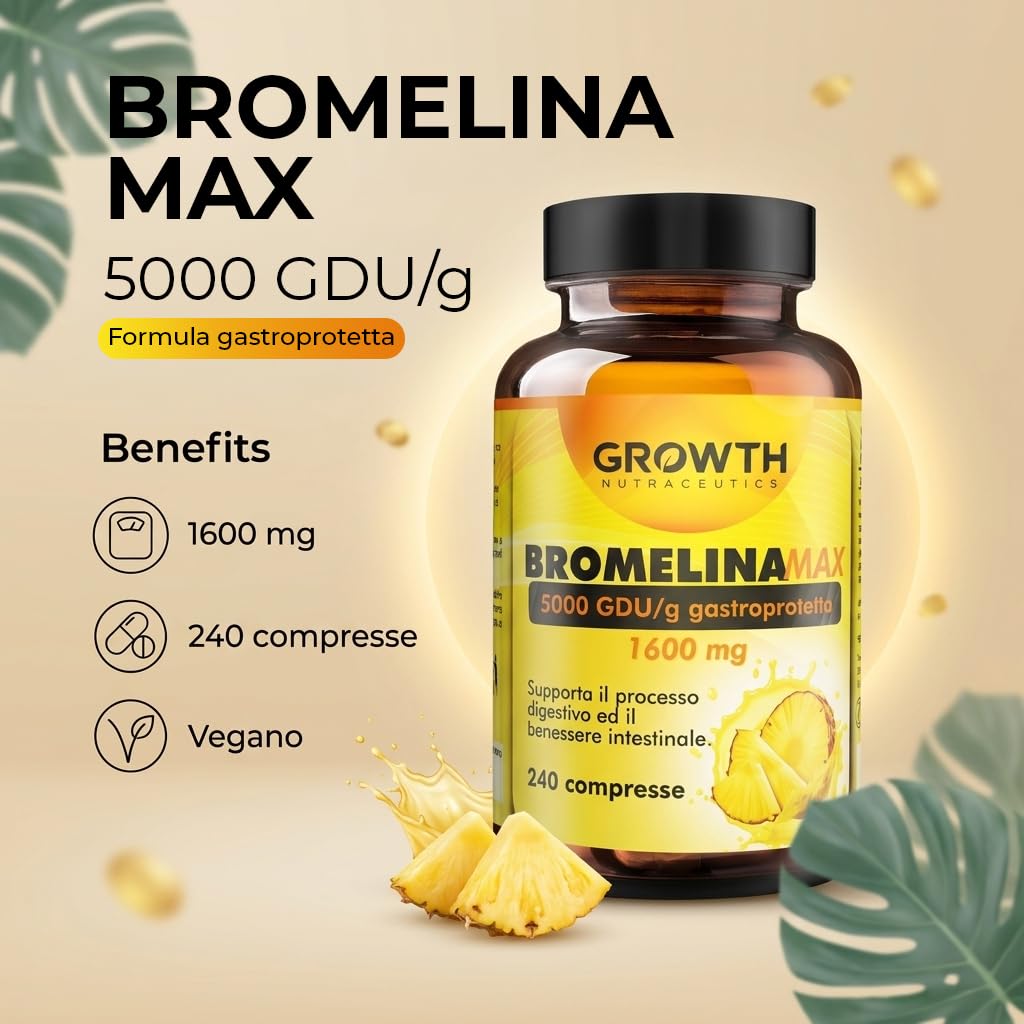 BROMELINA 5000 GDU/g - 240 Compresse Integratore di Bromelina da Ananas - Supporto Drenaggio Liquidi e Benessere Digestivo - Gambe Leggere, Gonfiore Addominale, Formula Vegana e Alta Qualità