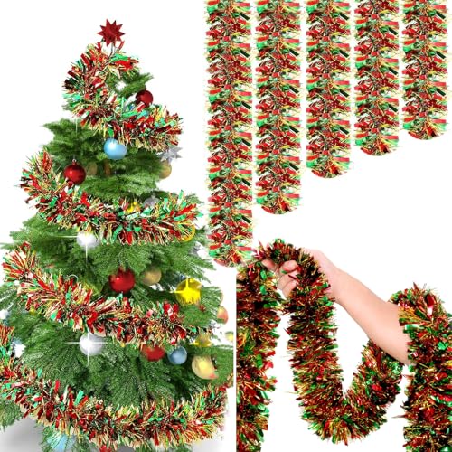 GYTFOG 5pcs Christmas Tinsel Garland 2M X 9CM Red Green Gold Xmas Shiny Decoration Metal Thick Tinsel for Decorating Christmas Tree Wardrobes Doors Ceilings Railings and Wreath Making