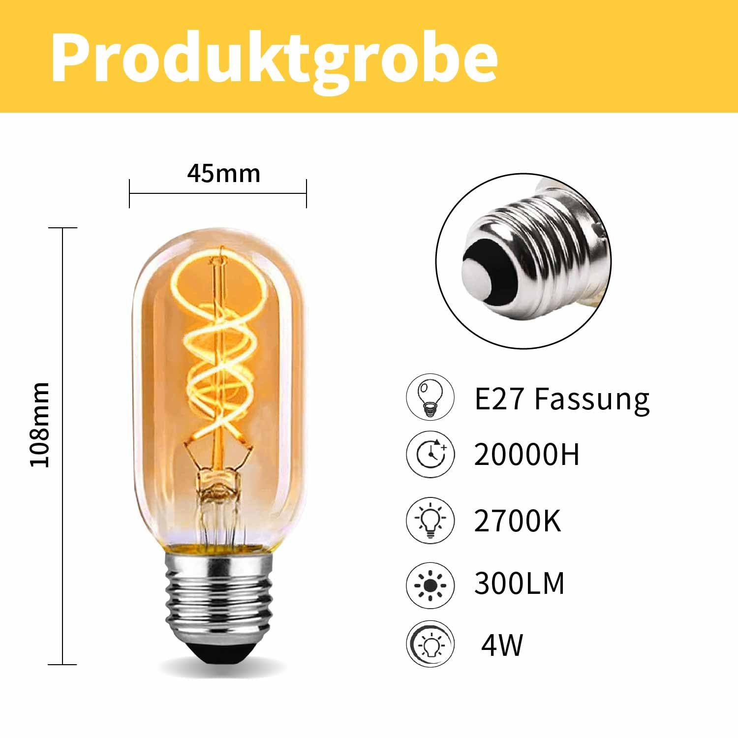 Edison Vintage Glühbirne E27,E27 LED Vintage 4W T45 2700K Warmweiss Retro Glühbirne LED Filament Lampe für Retro Beleuchtung im Wohnzimmer/Schlafzimmer/Esszimmer - Bernstein, 6 Stück