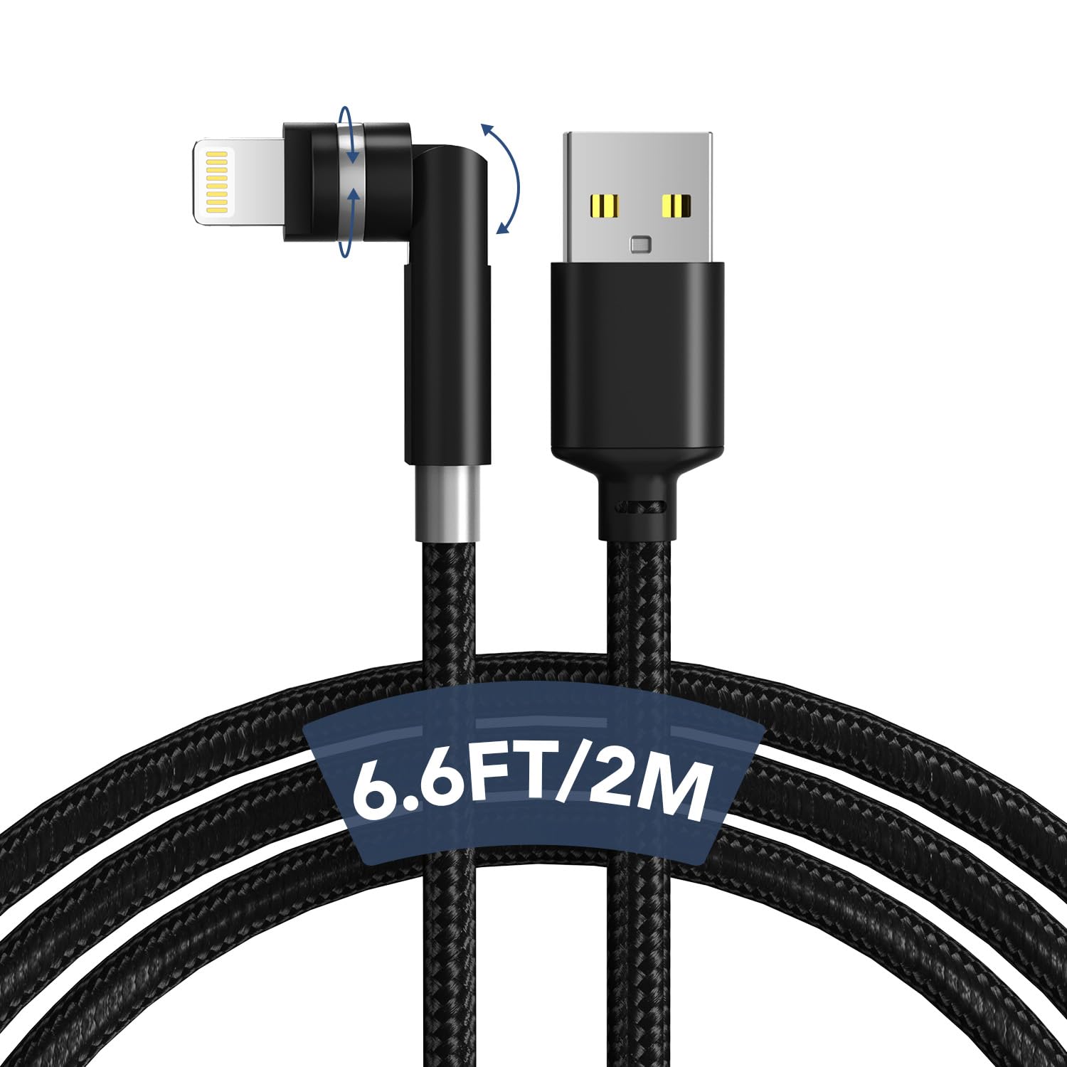 90 Degree Lightning Cable with 360 Rotating Head - 6.6FT MFi Right Angle Nylon Braided iPhone Charger Cord with 2.4A Fast Charge, Data Sync, CarPlay