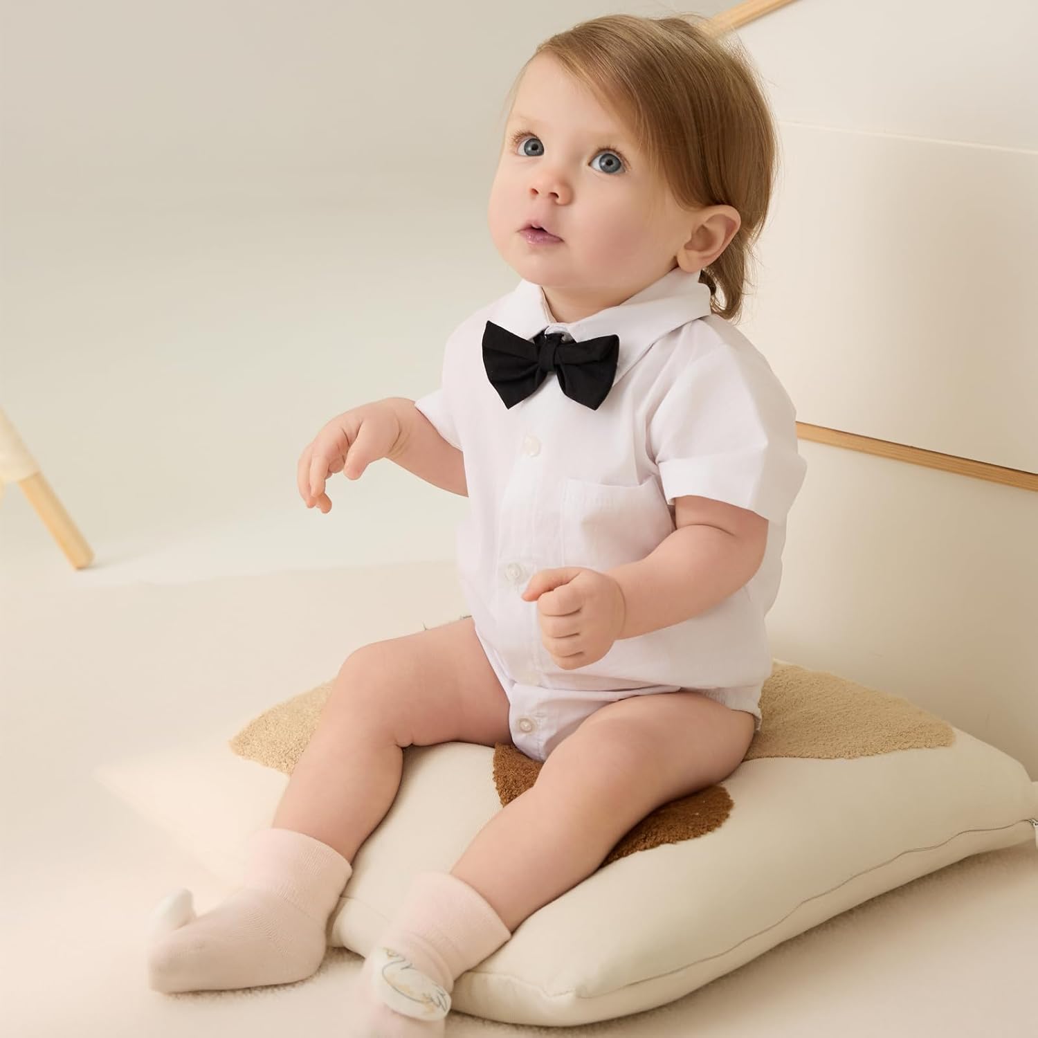 SOBOWO Baby Boys Dress Shirt Onsie Infant Short Sleeve Button Down One-Piece Romper Formal Wedding Gentleman Outfits 0-24M - Image 2