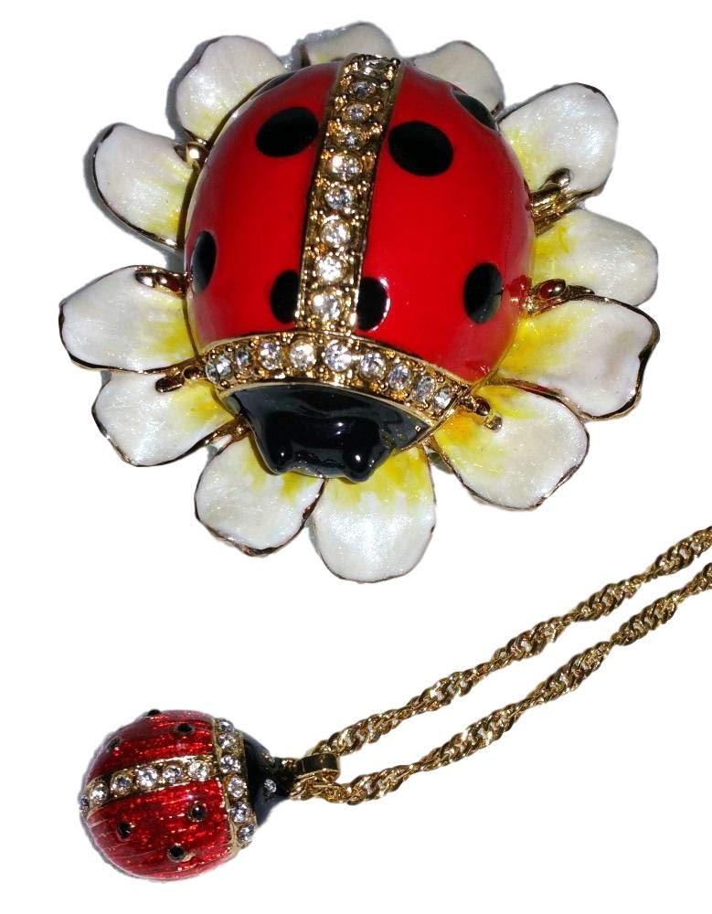Bejeweled Red Ladybug on Daisy Flower Enamel Austrian Crystal Trinket Box with Pendant on Chain Necklace