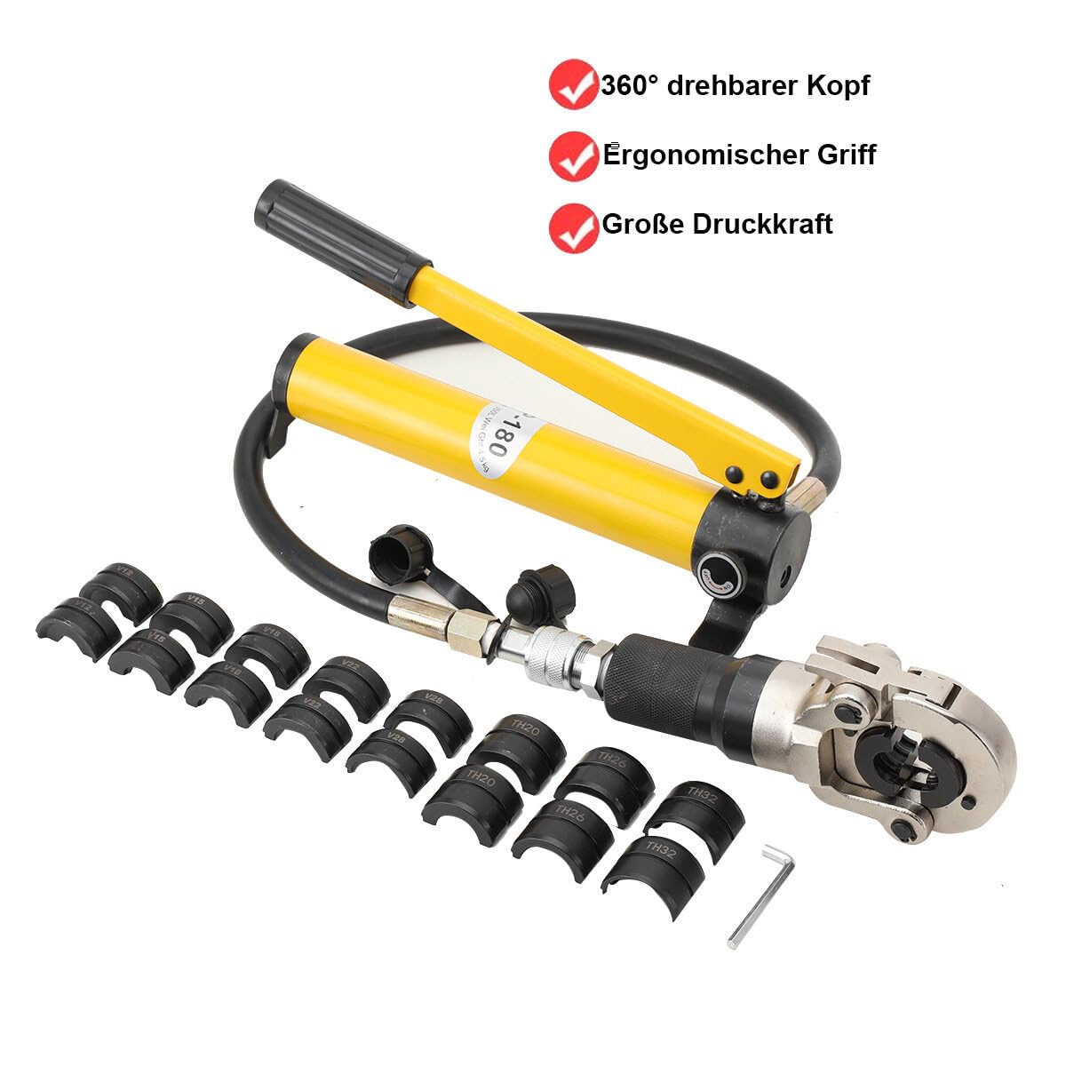 Pince à sertir hydraulique 6T V/TH - Pince à sertir hydraulique - Outil de pressage - Pince à sertir pour tuyaux en cuivre - Avec contour en V 12-28 mm - Contour TH 16-32 mm - Tête pivotante à