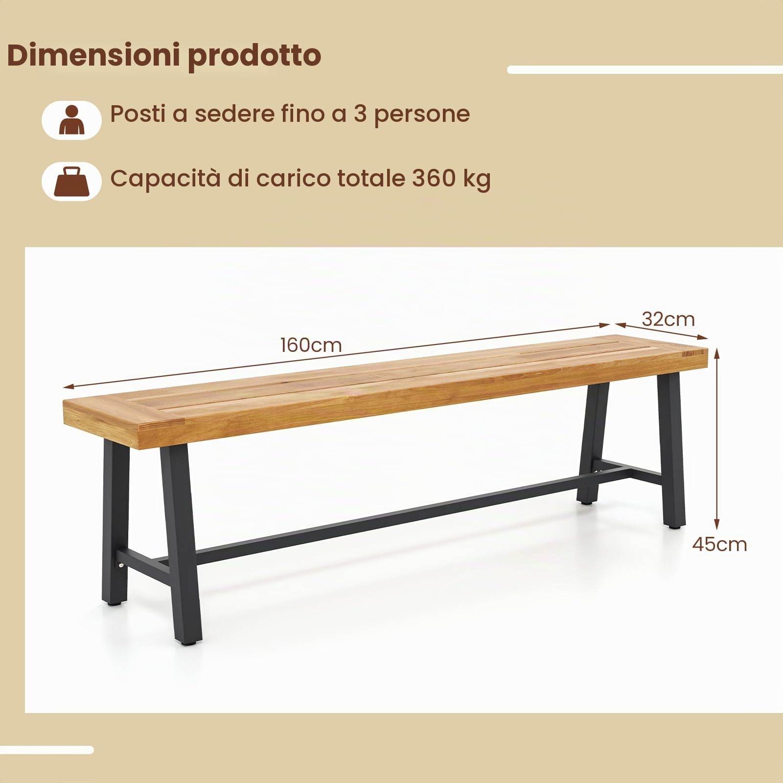 GIANTEX Panchina da Giardino in Legno di Acacia per Esterni, 160 CM di Lunghezza, Panchina da Patio per Giardino, Può Ospitare Fino a 3 Persone, Capacità di Carico 360 KG (1)